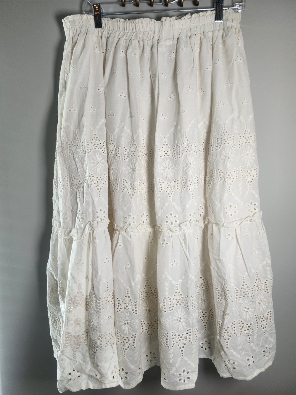 Cream Eyelet Tiered Midi Skirt with Elastic Waist